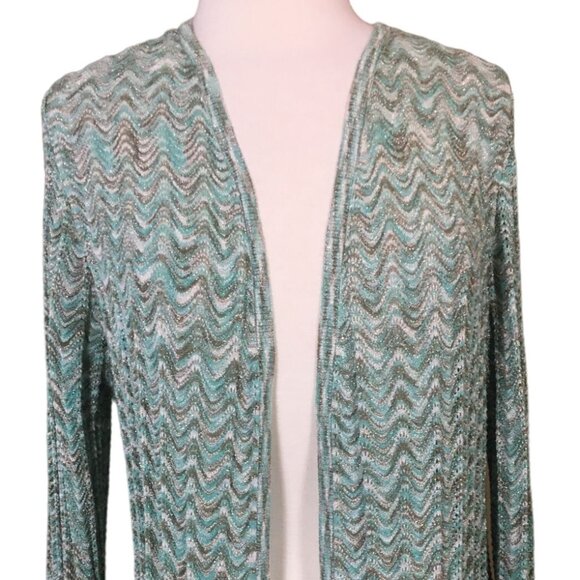 Chicos Lightweight Wavy Chevron Open Cardigan Pointelle Knit Metallic Accent LG - Picture 1 of 10